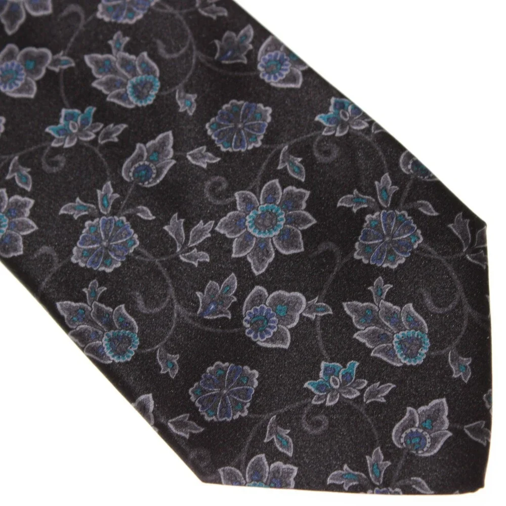 Brioni NWOT Neck Tie in Black with Gray & Blue Floral Print 100% Silk